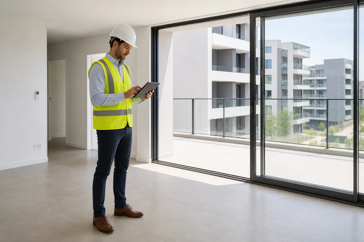Expert en bâtiment contrôlant la livraison d'un appartement neuf VEFA dans les Hauts-de-Seine (92)