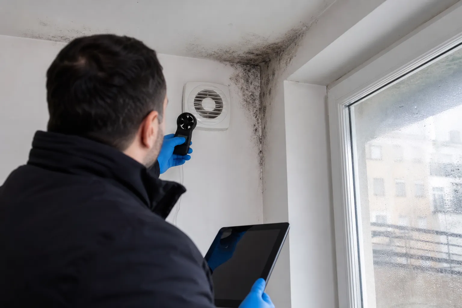 Expert controlant la VMC et les moisissures de condensation dans un appartement des Hauts-de-Seine 92