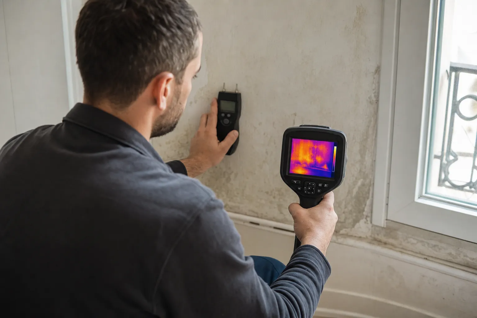 Diagnostic humidite avec humidimetre et camera thermique dans un logement des Hauts-de-Seine 92