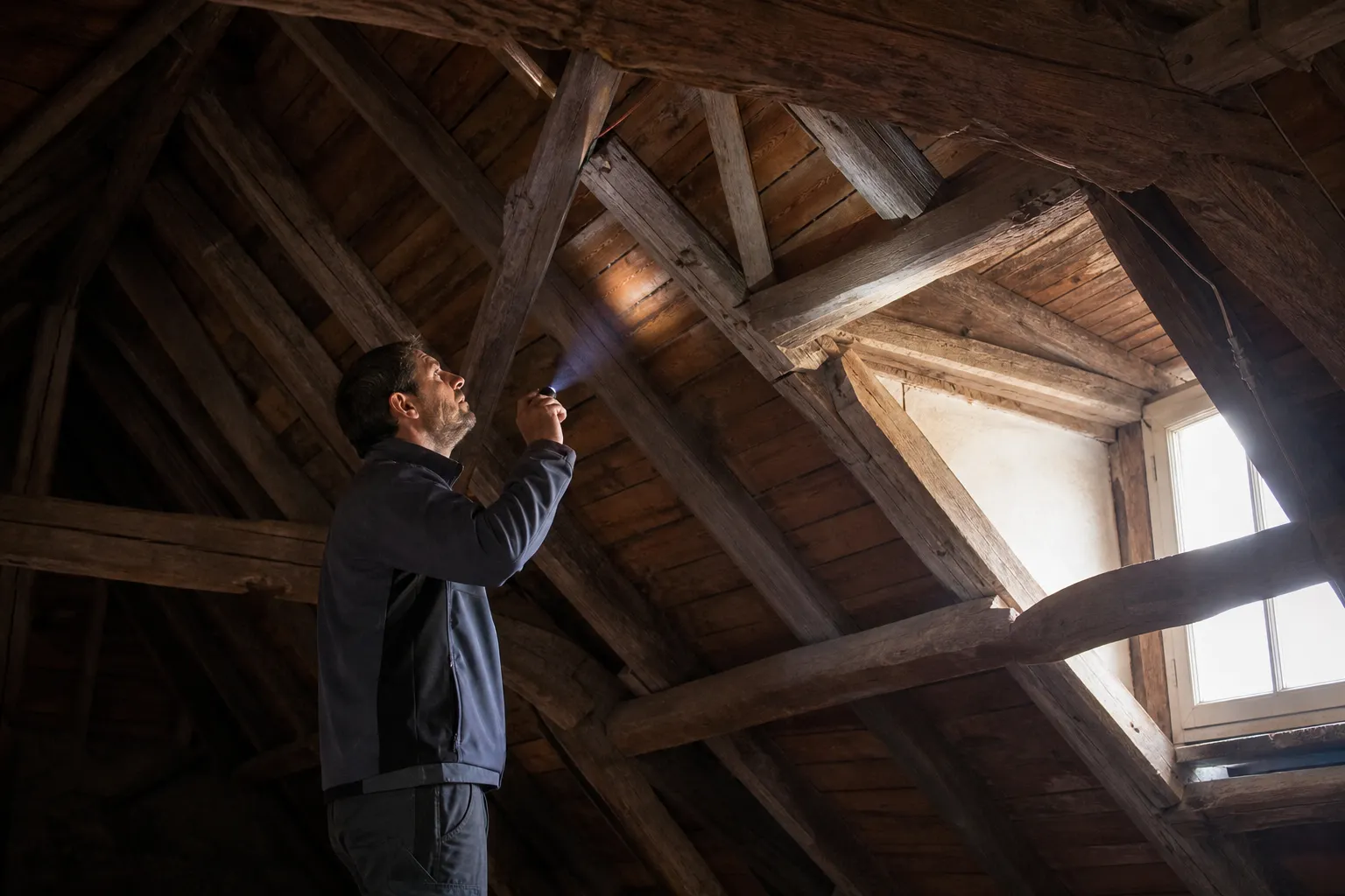 Expert inspectant une charpente en bois dans des combles du 92