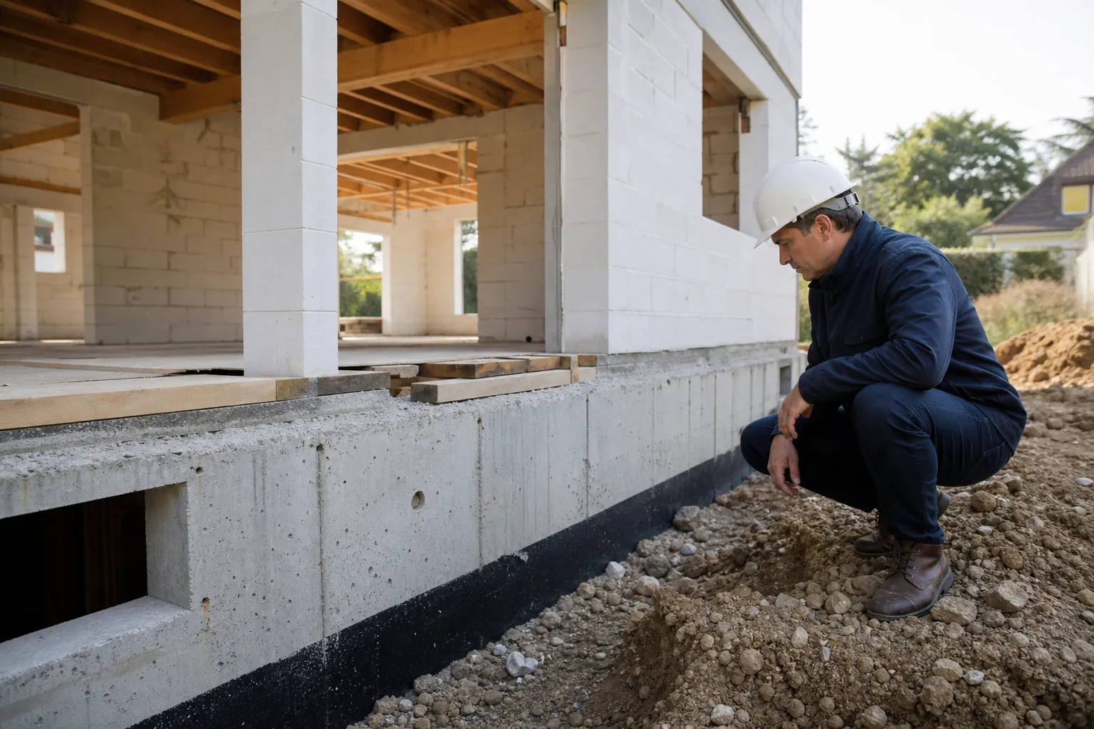 Expert en bâtiment inspectant la structure porteuse d’une maison dans les Hauts-de-Seine