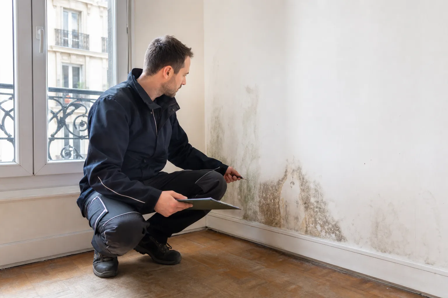 Expert du bâtiment inspectant un mur touché par l'humidité, expertise humidité dans les Hauts-de-Seine