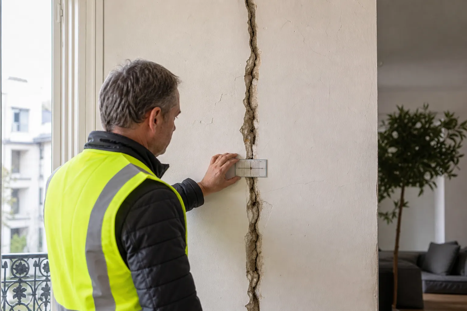 Expert controlant une fissure sur un mur porteur dans les Hauts-de-Seine 92