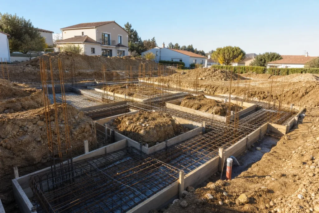 Ferraillage des fondations et fond de fouille avant coulage lors d'une visite CCMI à Antony (92)