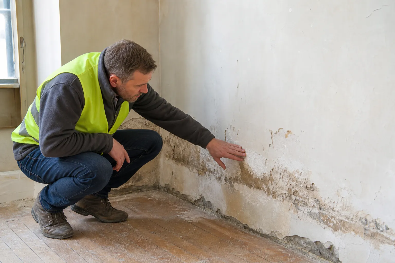 Expert en bâtiment examinant des remontées capillaires et du salpêtre en pied de mur lors d'une expertise humidité dans les Hauts-de-Seine (92)