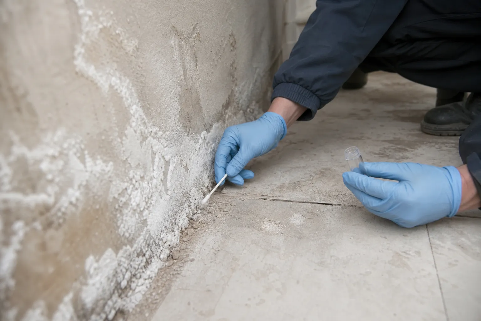Salpetre et sels hygroscopiques sur un bas de mur ancien dans les Hauts-de-Seine 92