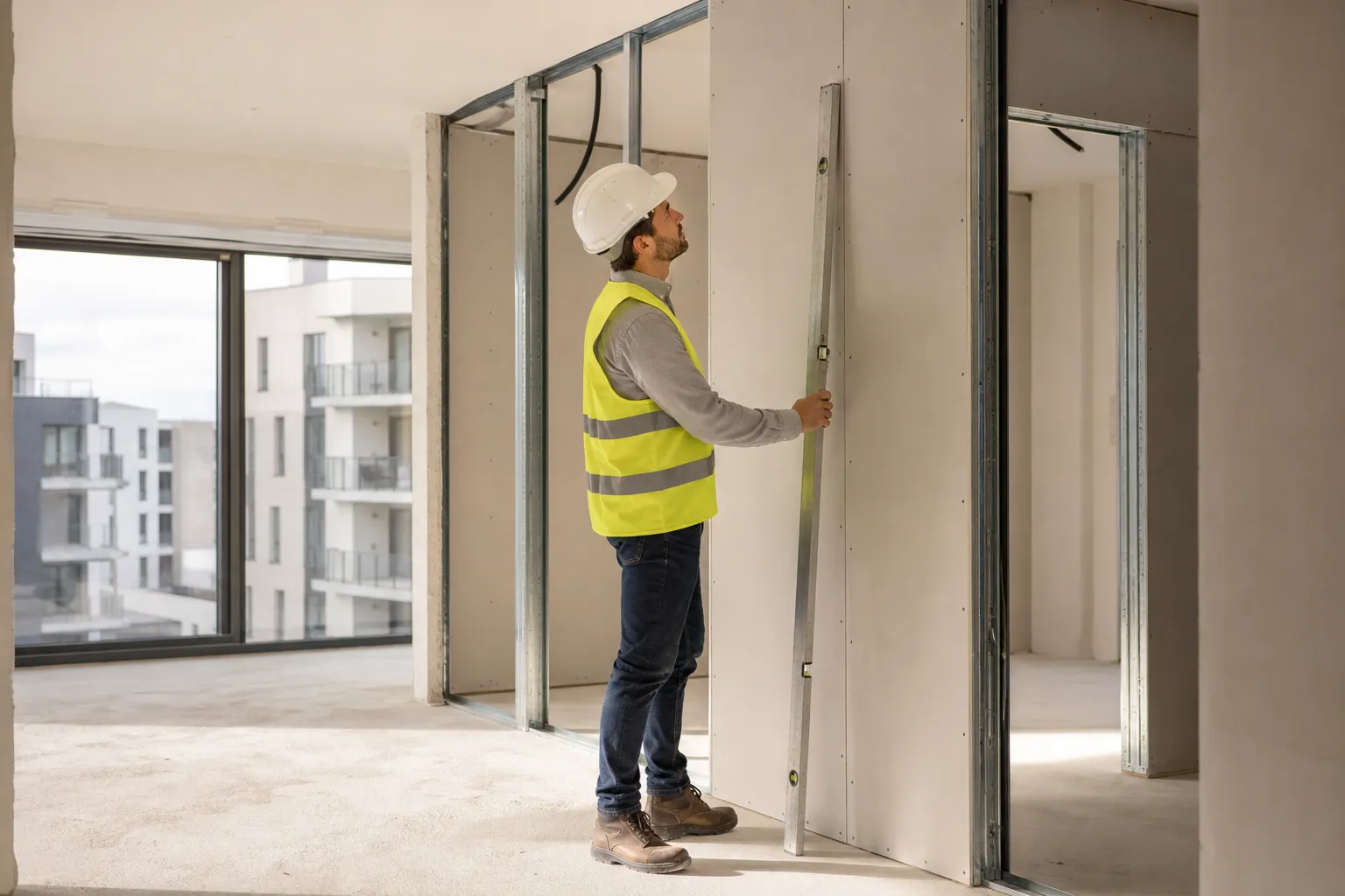 Expert en bâtiment vérifiant l'implantation des cloisons d'un appartement neuf VEFA dans les Hauts-de-Seine (92)